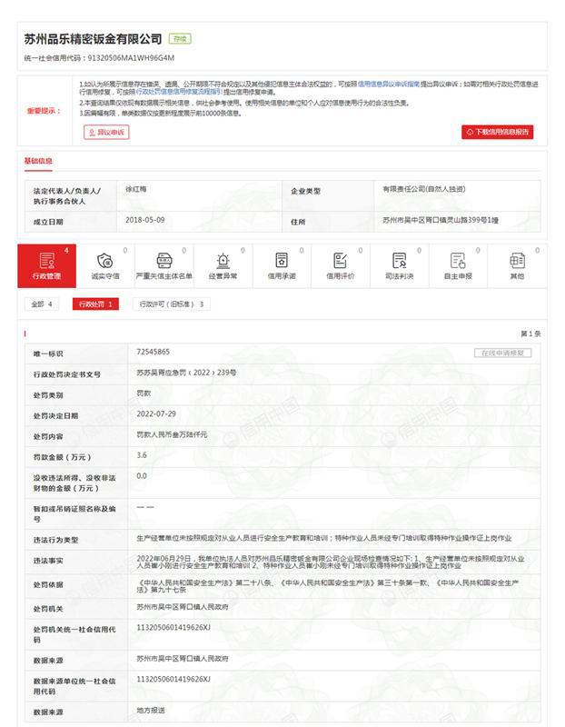 苏州品乐精密钣金有限公司安全生产类违开云 开云体育平台法被罚36万元
